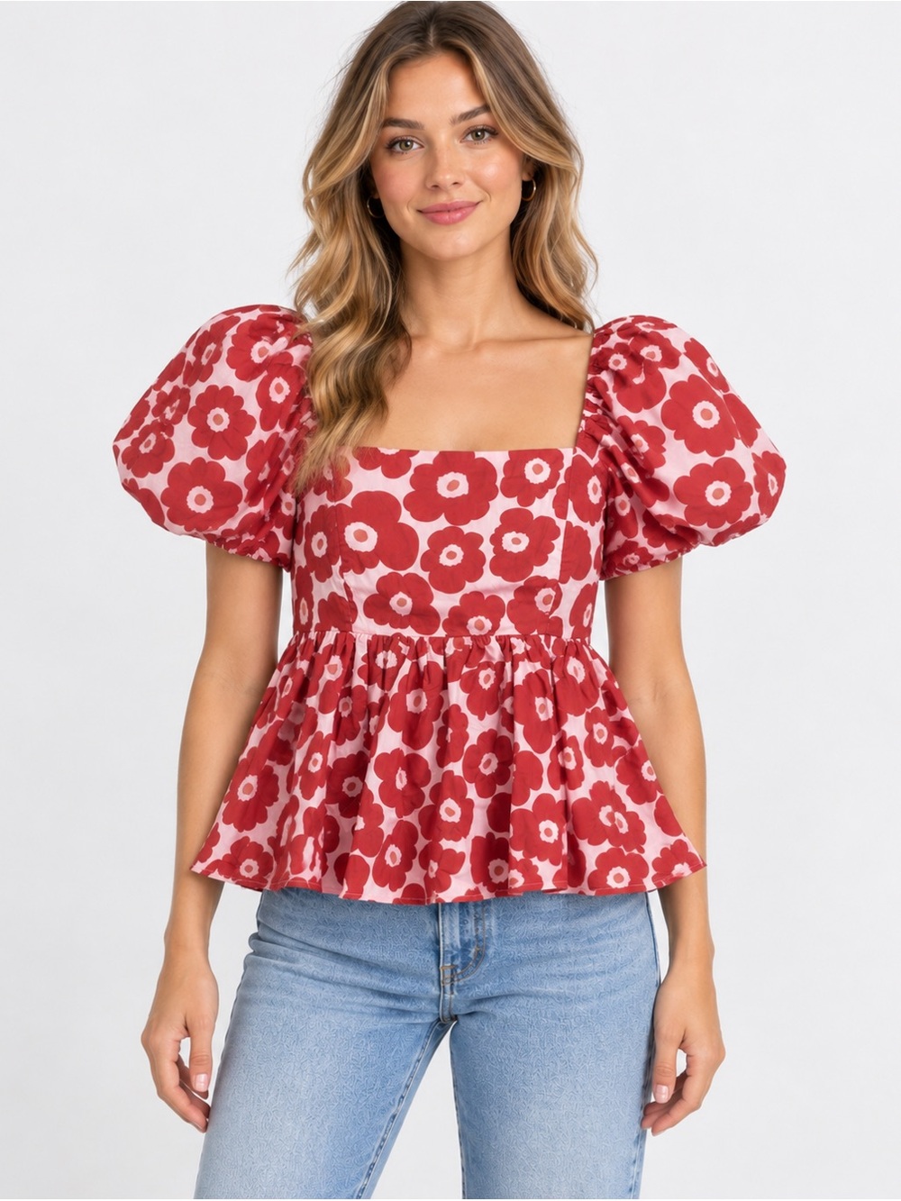 ENTRO Floral Puff Sleeve Peplum Top - Brick & Pink